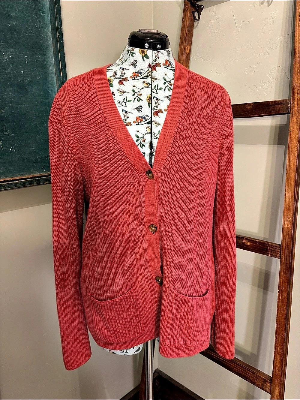 Lands' End Drifter Cotton Cardigan Coral Medium